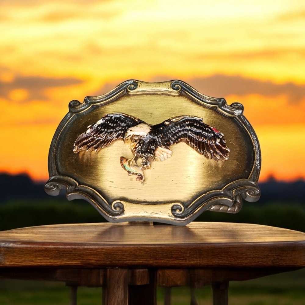 Vtg 1978 Raintree Bald Eagle In Flight Rainbow Trout Brass Belt Buckle